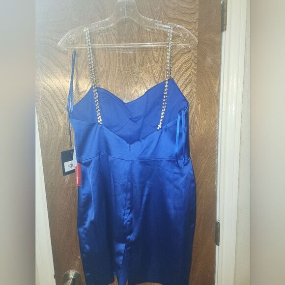 Ieena for Mac Duggal Blue Rhinestone Strap Satin Mini Dress NWT $238 Size 10 - Picture 4 of 6